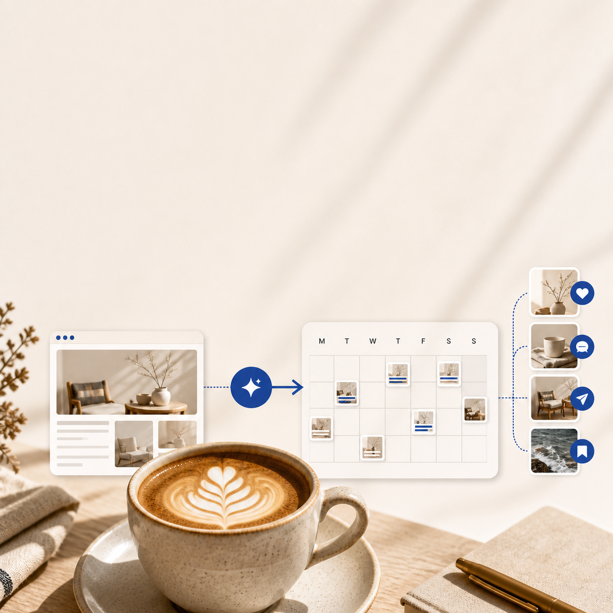 A month of social posts scheduled automatically from a website, next to a coffee — Pierblu